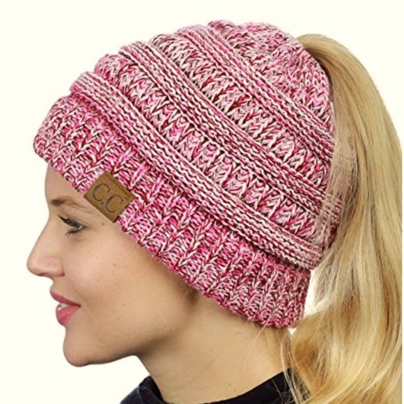 C.C Soft Stretch Cable Knit Messie Bun Beanie Tail Hat in Pink NWT - Picture 2 of 7